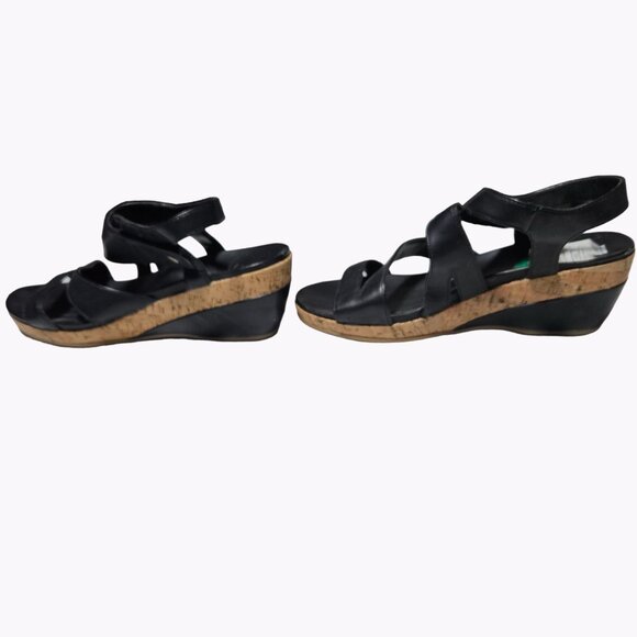 Flex Step Black Faux Leather Sandals Womens 7.5 M Strappy Sling Back Wedge Heels - Picture 5 of 14